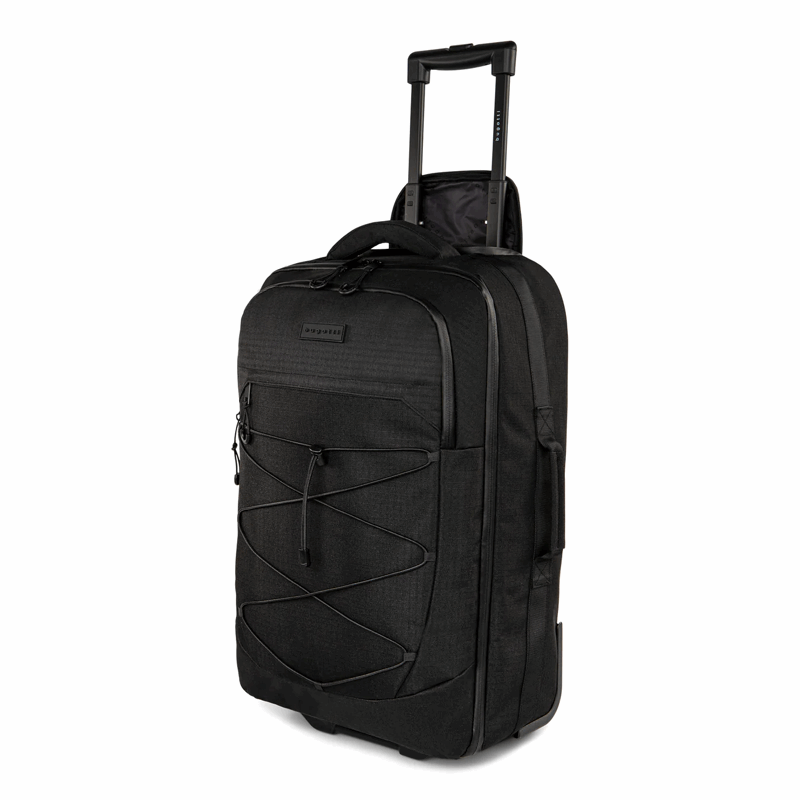 Black rolling suitcase with a visible brand logo on a white background