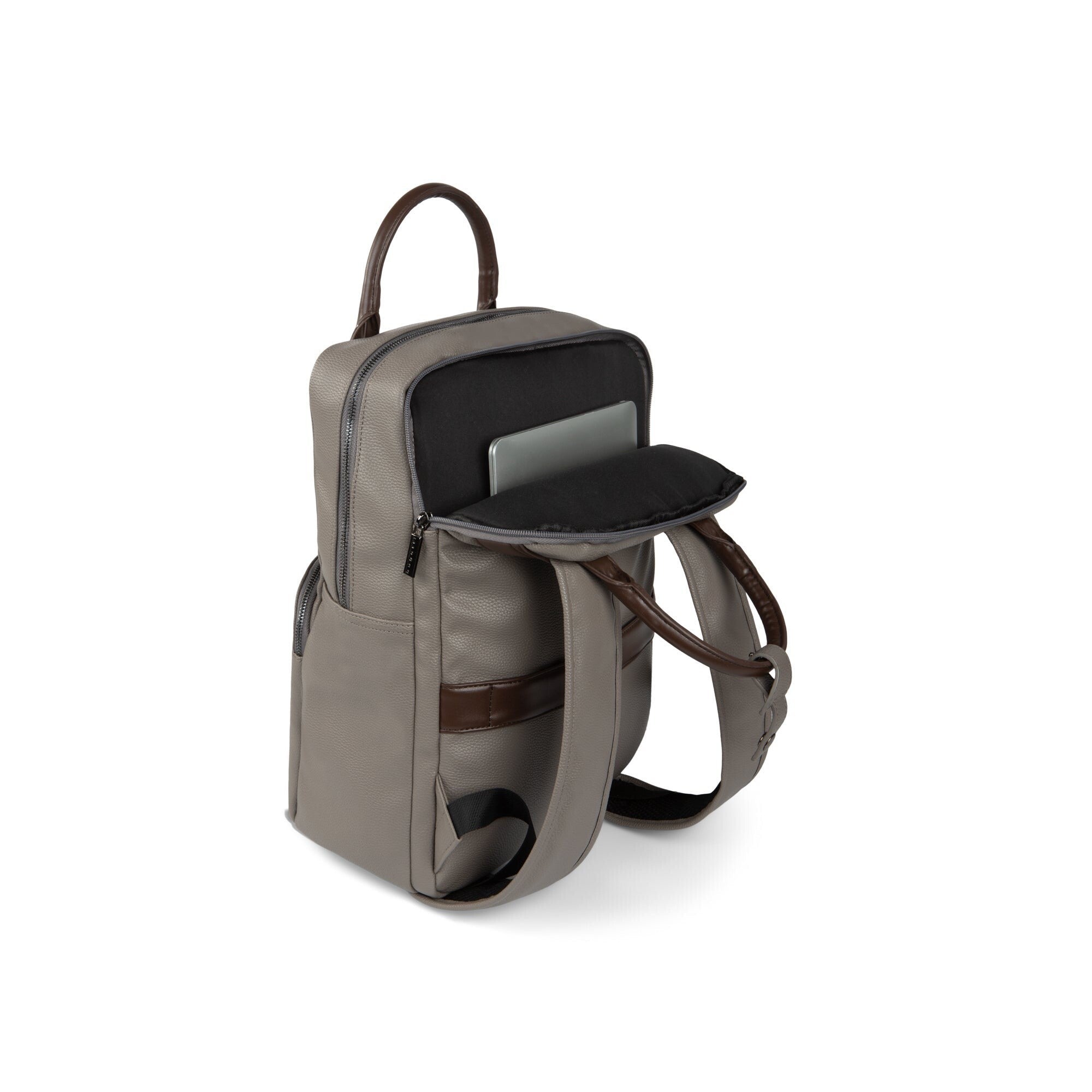 Gray backpack with a small black compartment on a white background
