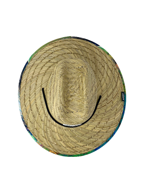 Straw hat with a colorful rim on a white background