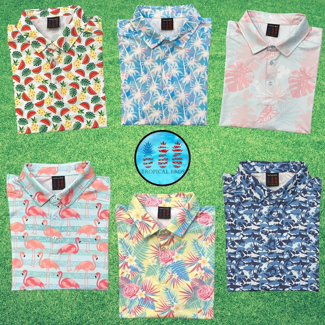 Collection of colorful patterned polo shirts on a green background with 'Tropical Blue' logo.