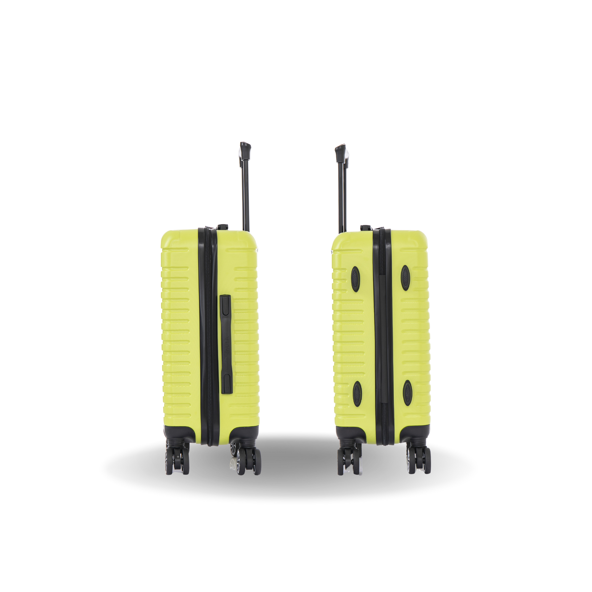 Two yellow suitcases with black accents on a white background
