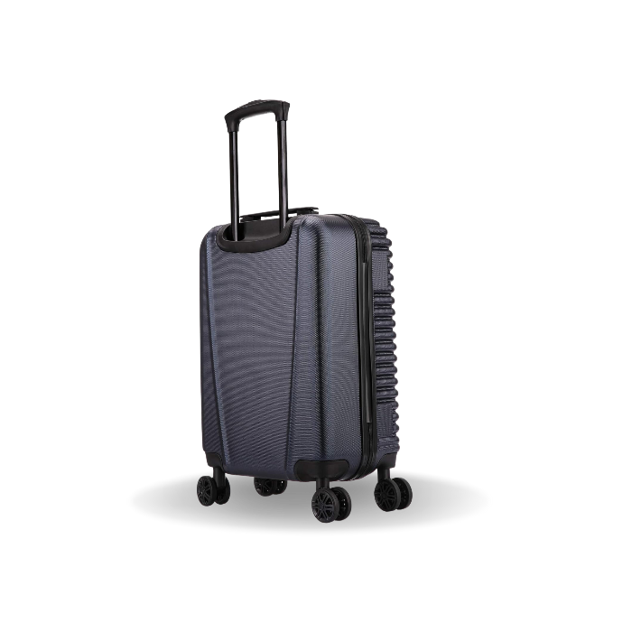 Gray suitcase with wheels on a white background