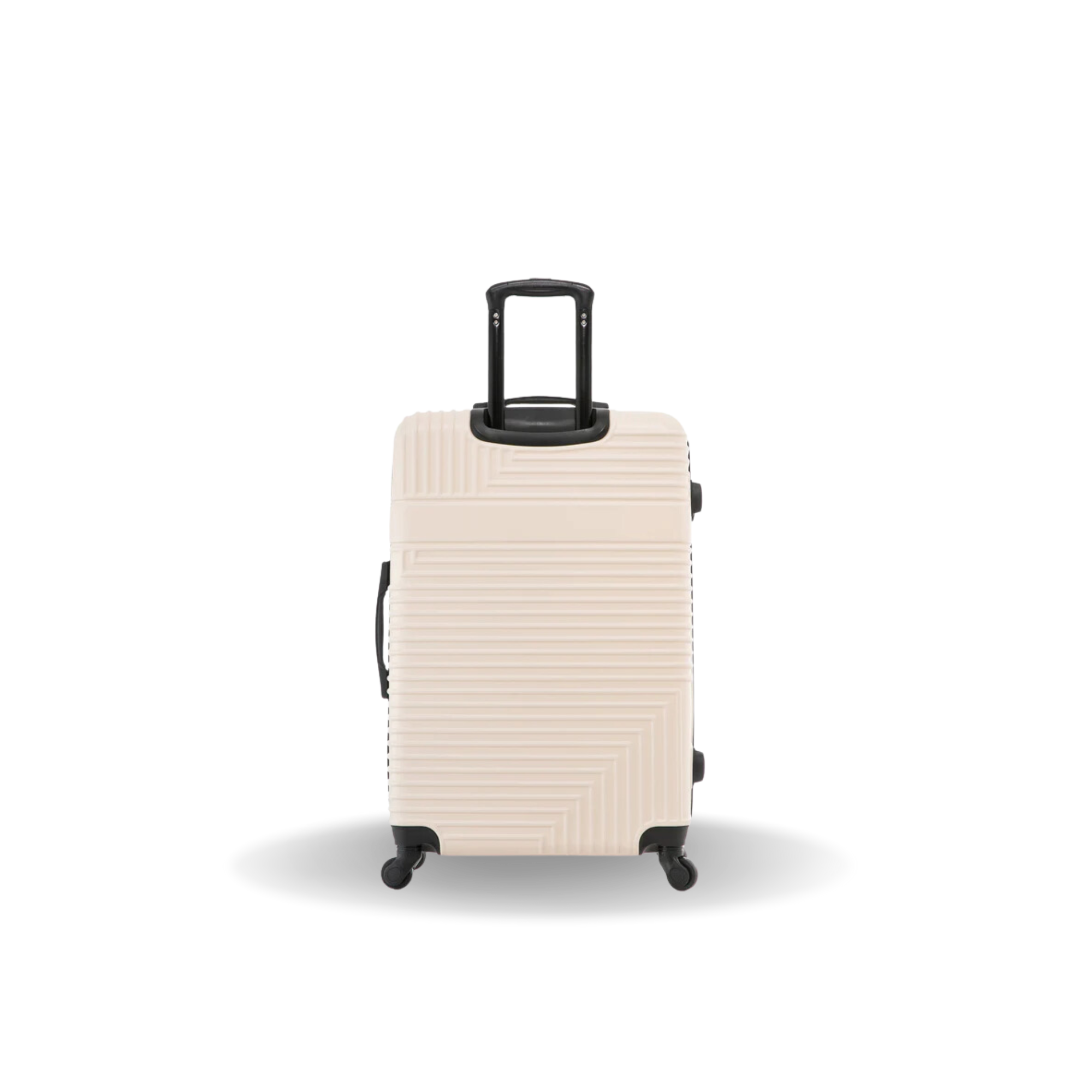 Beige suitcase with black handle and wheels on a white background