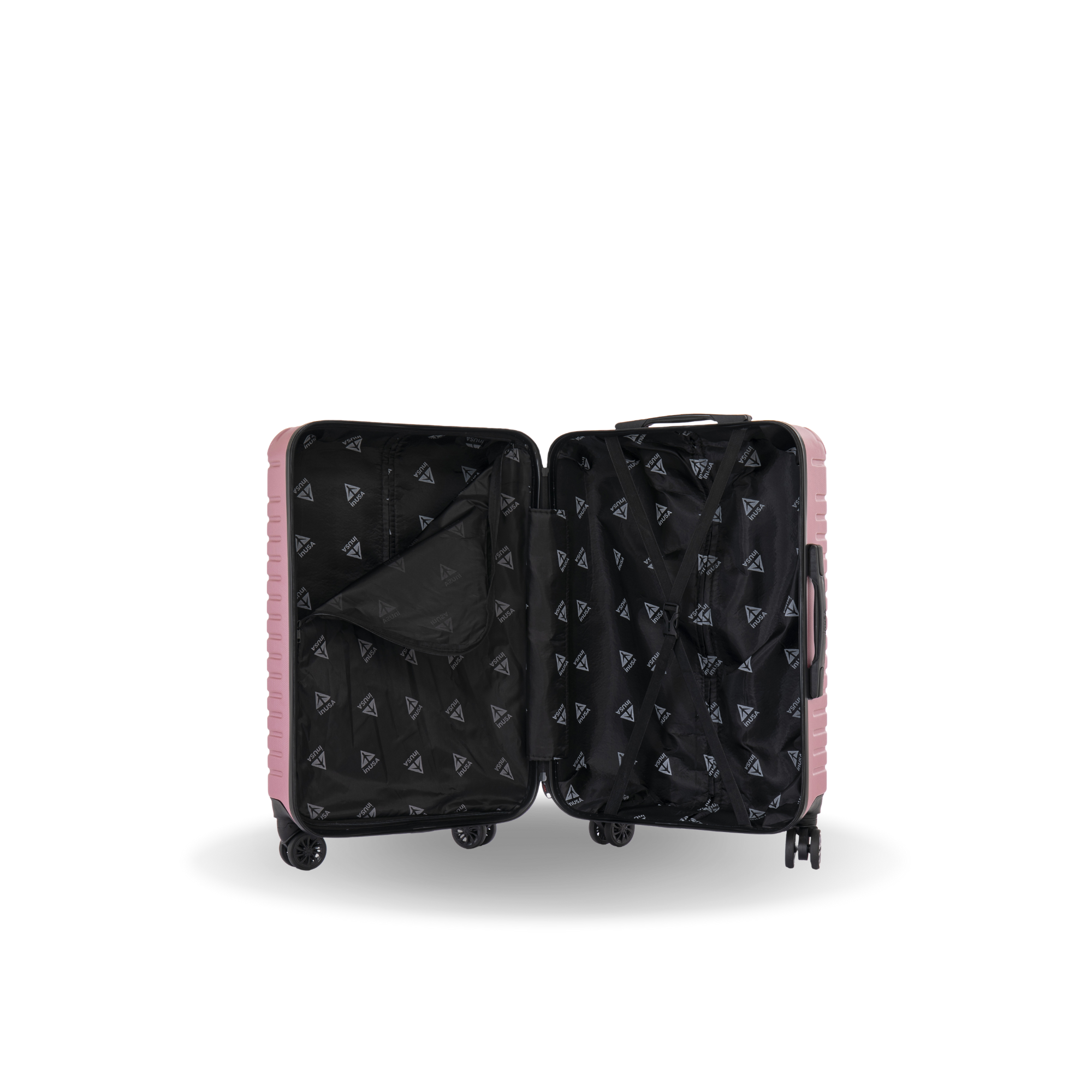 Open black suitcase with pink interior on a white background