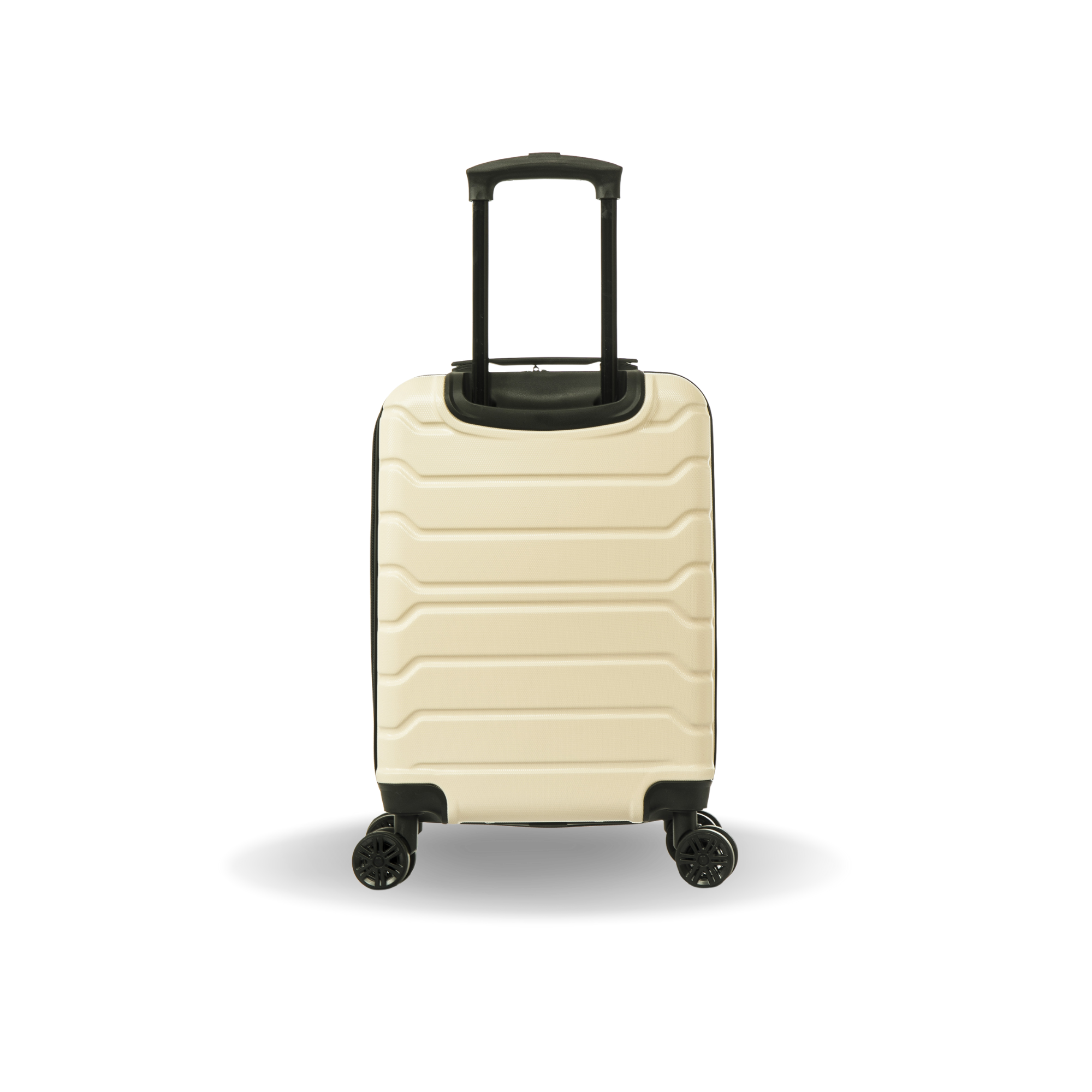 Beige suitcase with black handle and wheels on a white background