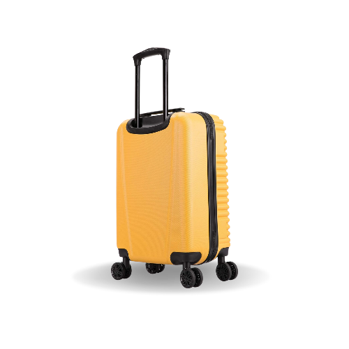 Yellow suitcase with black wheels and handle on a white background