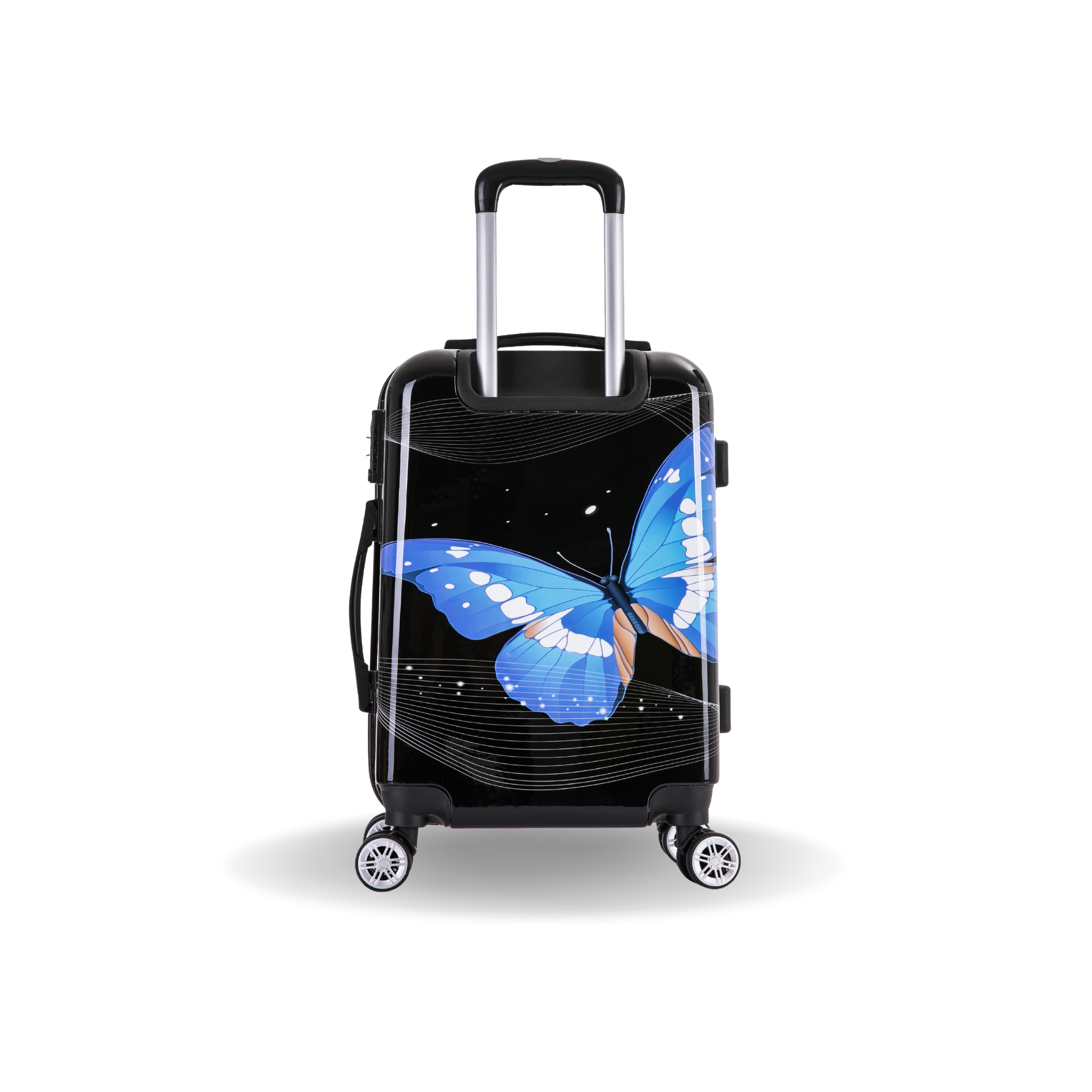 Black suitcase with a blue butterfly design on a white background