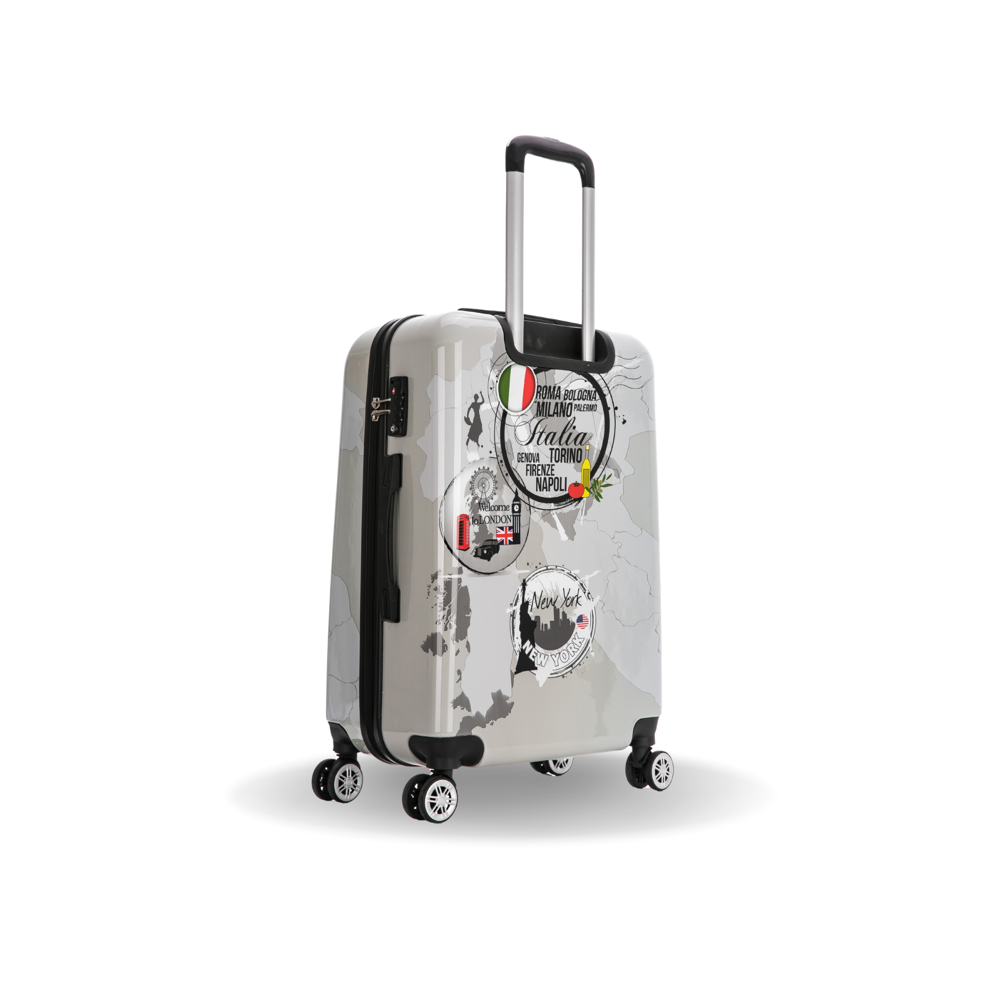 Silver suitcase with travel stickers on a white background