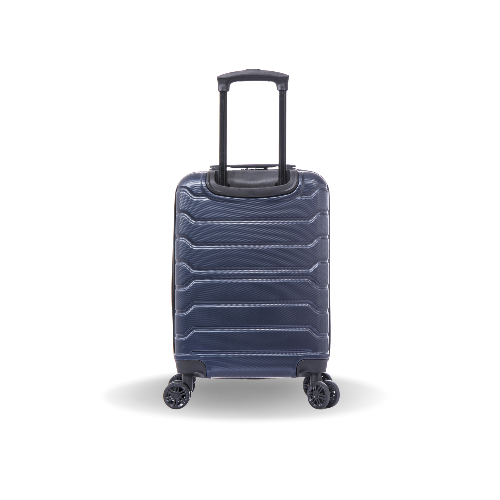 Blue suitcase with wheels on a white background