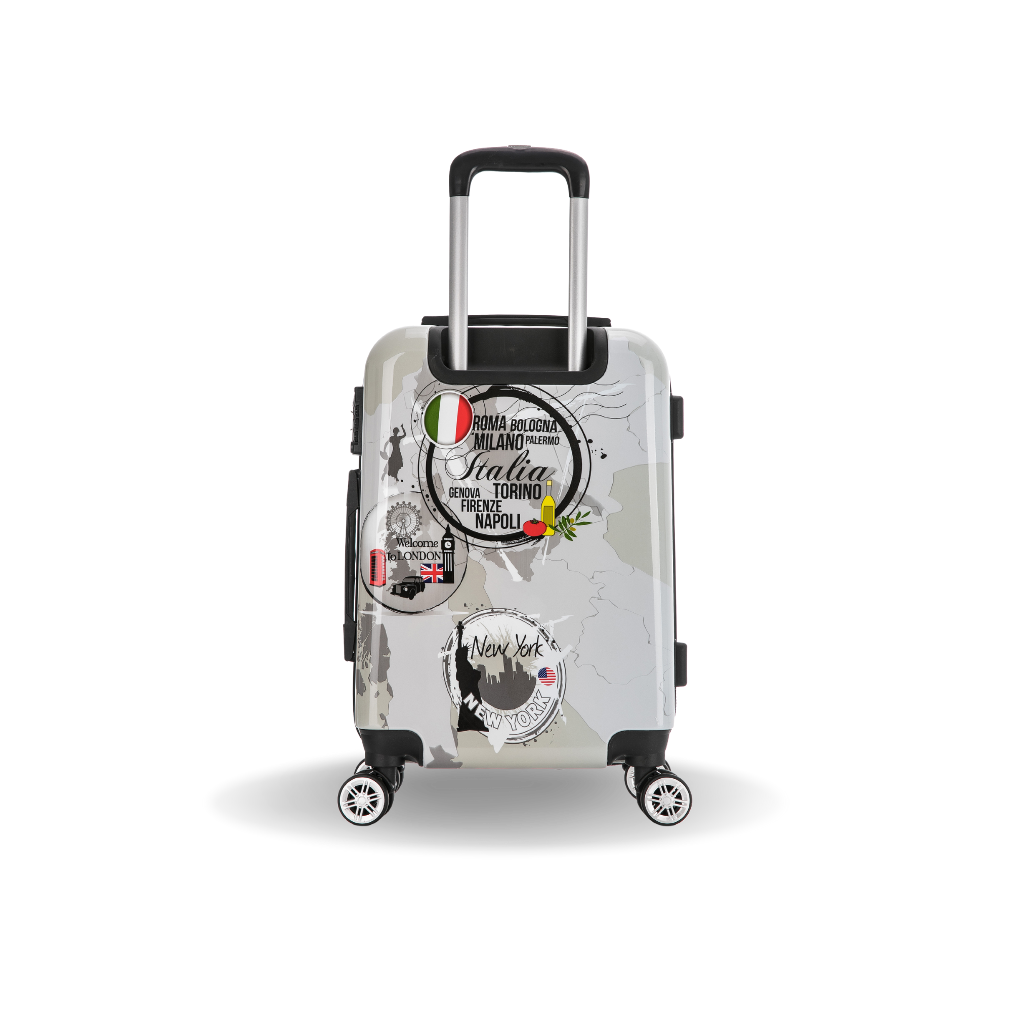 Travel suitcase with city names printed on a white background