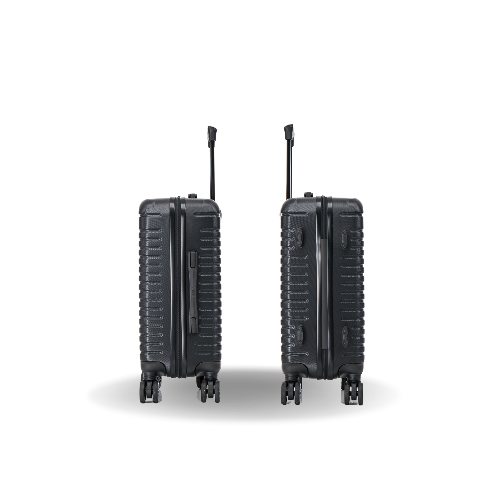 Two black suitcases with wheels on a white background