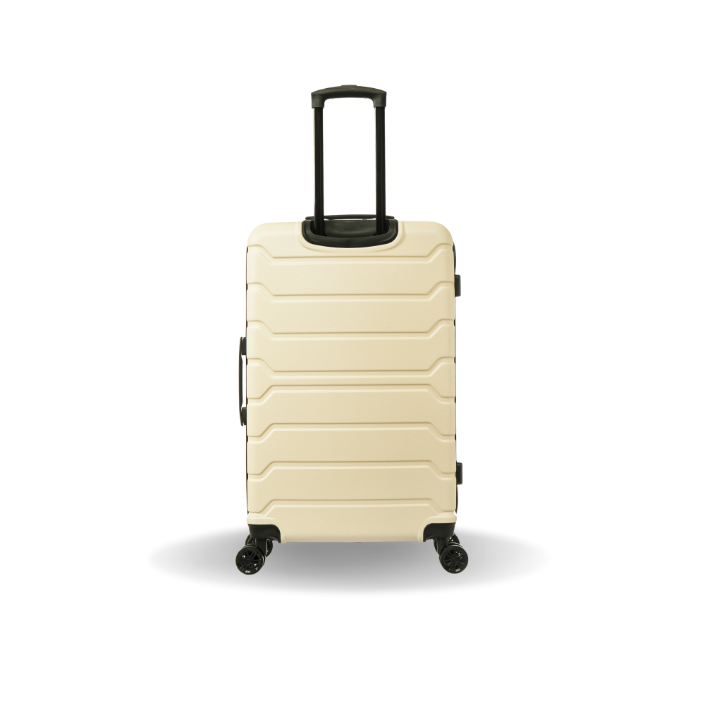 Beige suitcase with a black handle on a white background