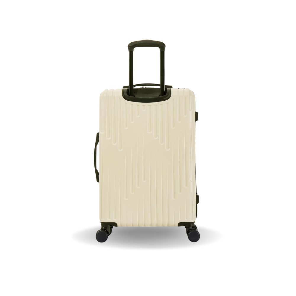 Beige suitcase with a black handle on a white background