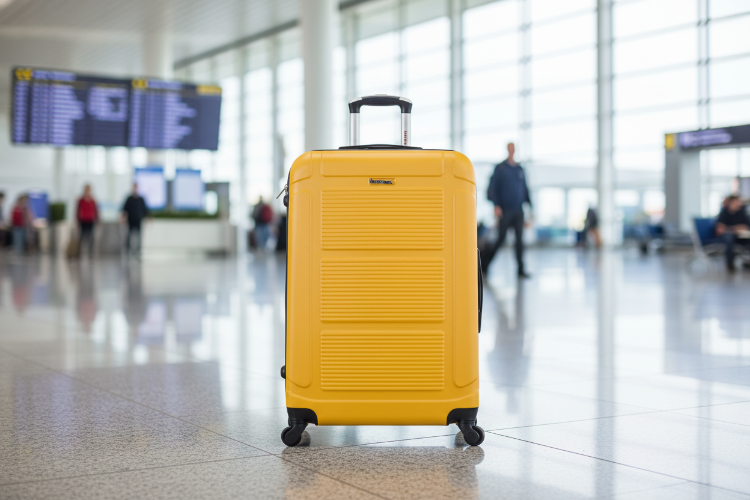 Yellow suitcase with a textured surface on a white background
