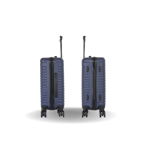 Two blue suitcases with black accents on a white background
