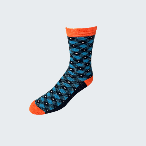 Blue and orange patterned sock on a white background