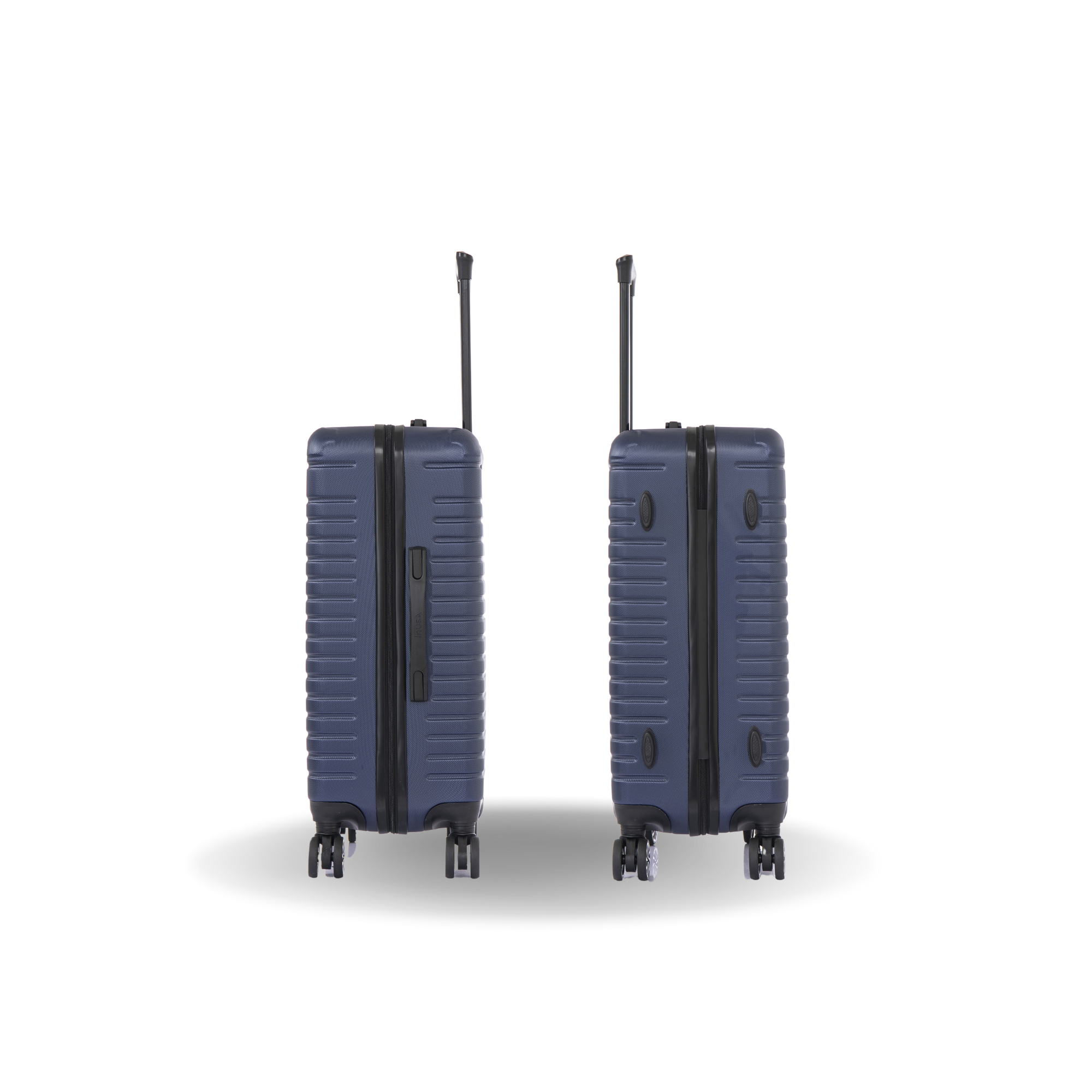 Two blue suitcases with black wheels on a white background
