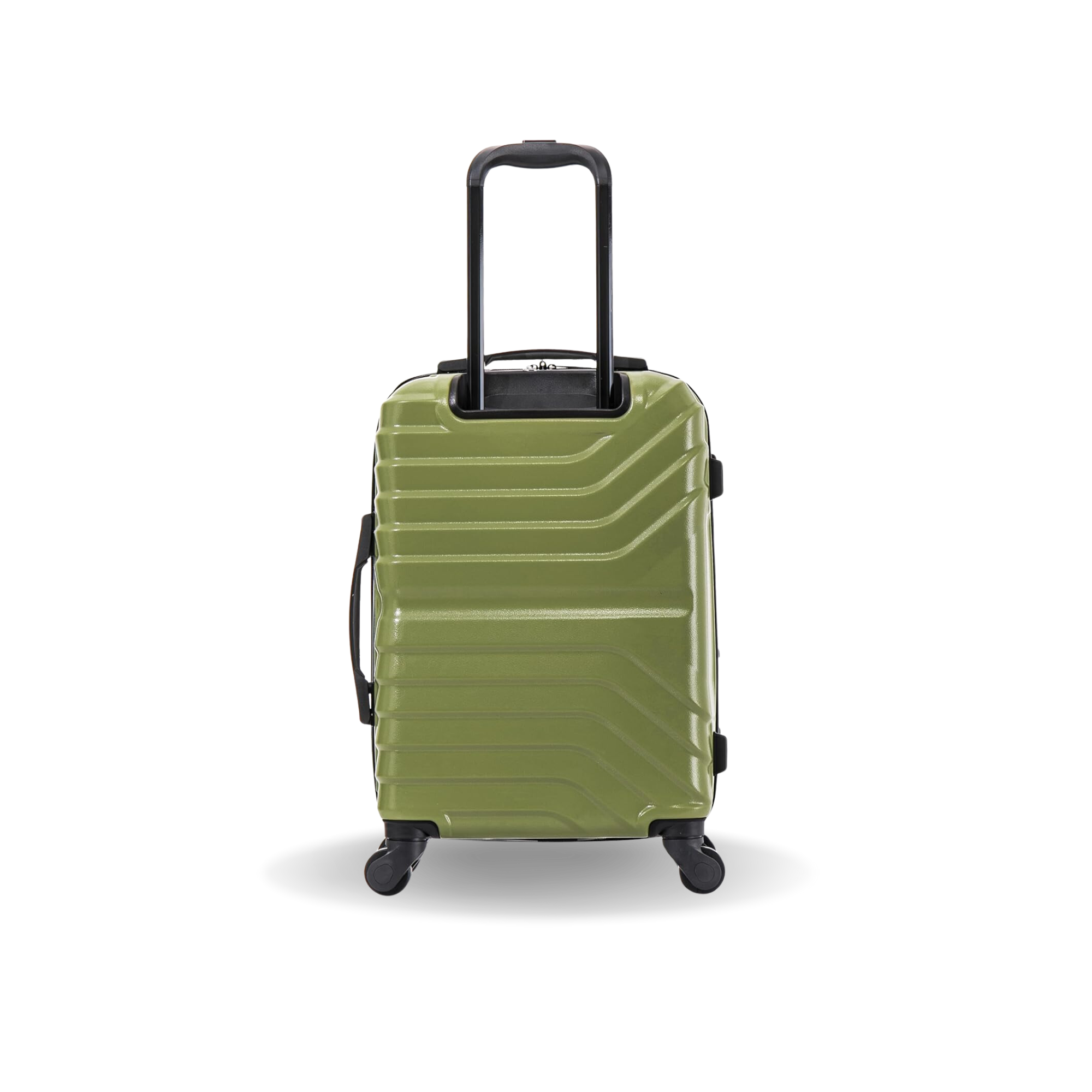 Green suitcase with a black handle on a white background