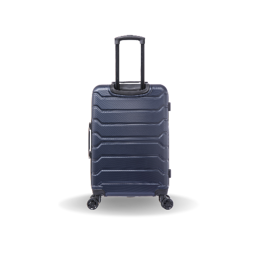 Navy blue suitcase with wheels on a white background