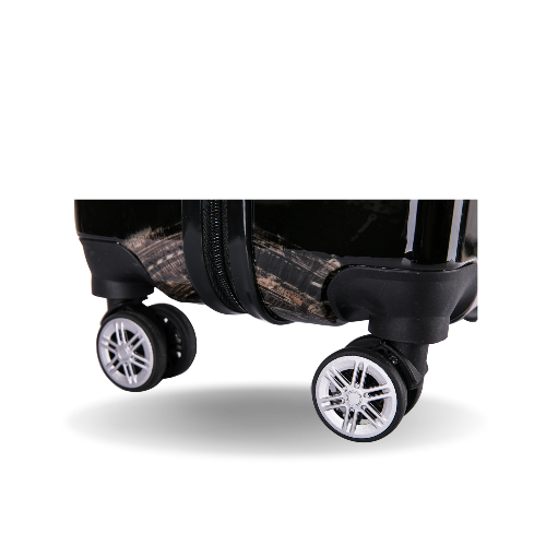 Close-up of a suitcase with wheels on a white background