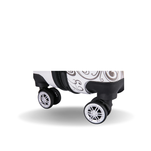 Close-up of a suitcase with wheels on a white background
