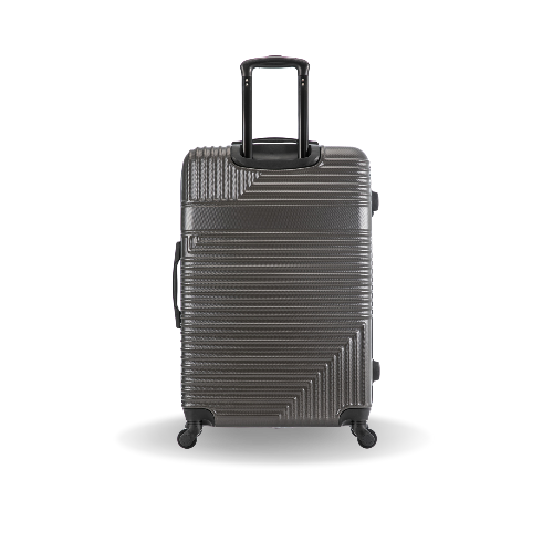 Gray suitcase with a geometric design on a white background