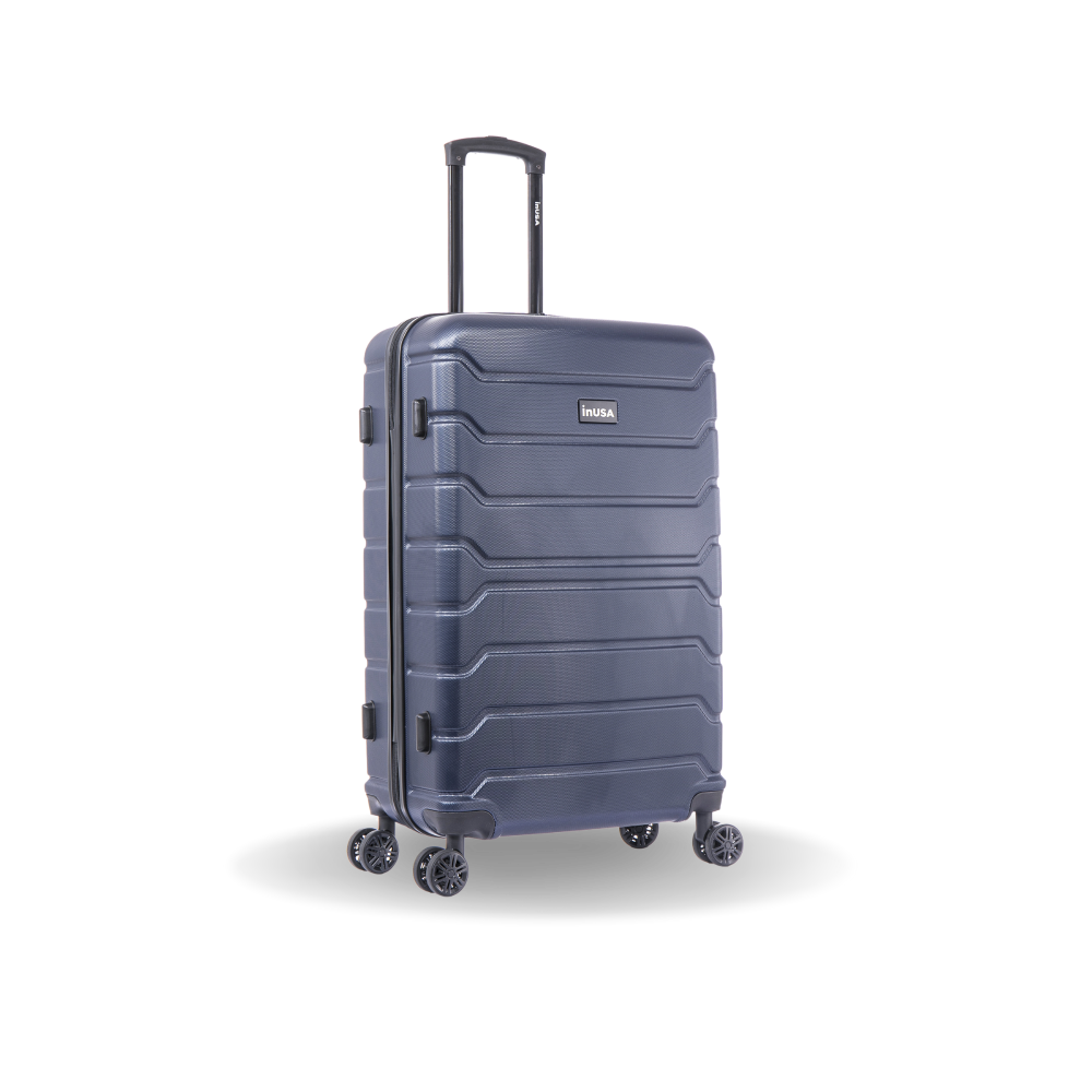 Blue suitcase with a visible brand logo on a white background