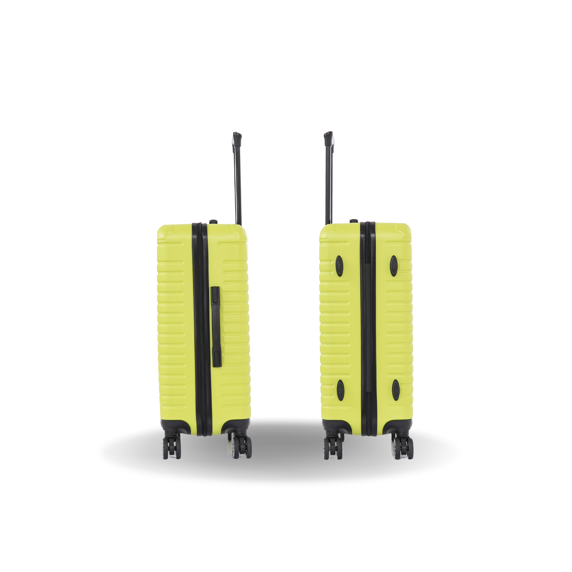 Two yellow suitcases with black handles and wheels on a white background