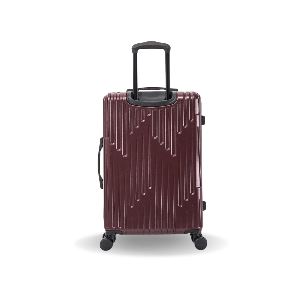 Maroon suitcase with a black handle on a white background