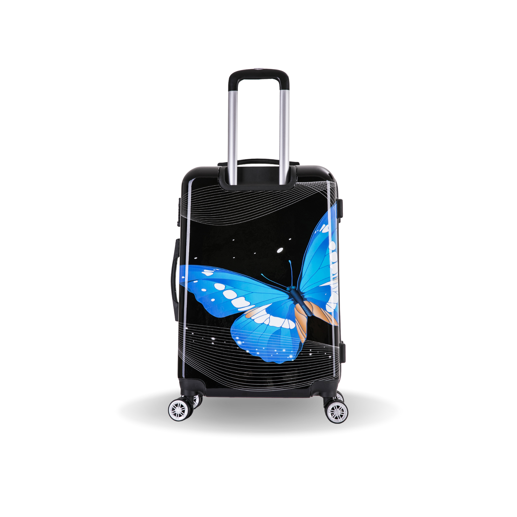 Black suitcase with a blue butterfly design on a white background
