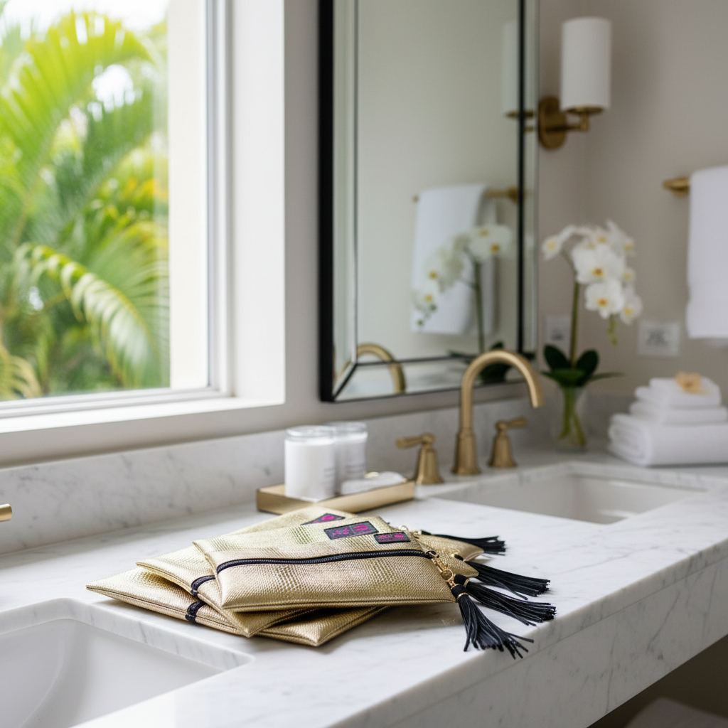 Gold clutch bags with black tassels and visible brand logo on a white background