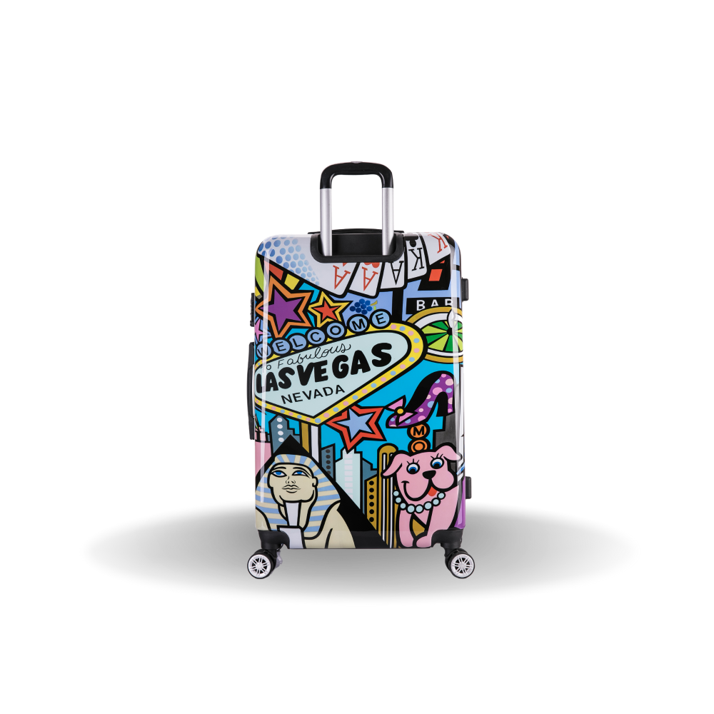 Colorful suitcase with Las Vegas-themed design on a white background