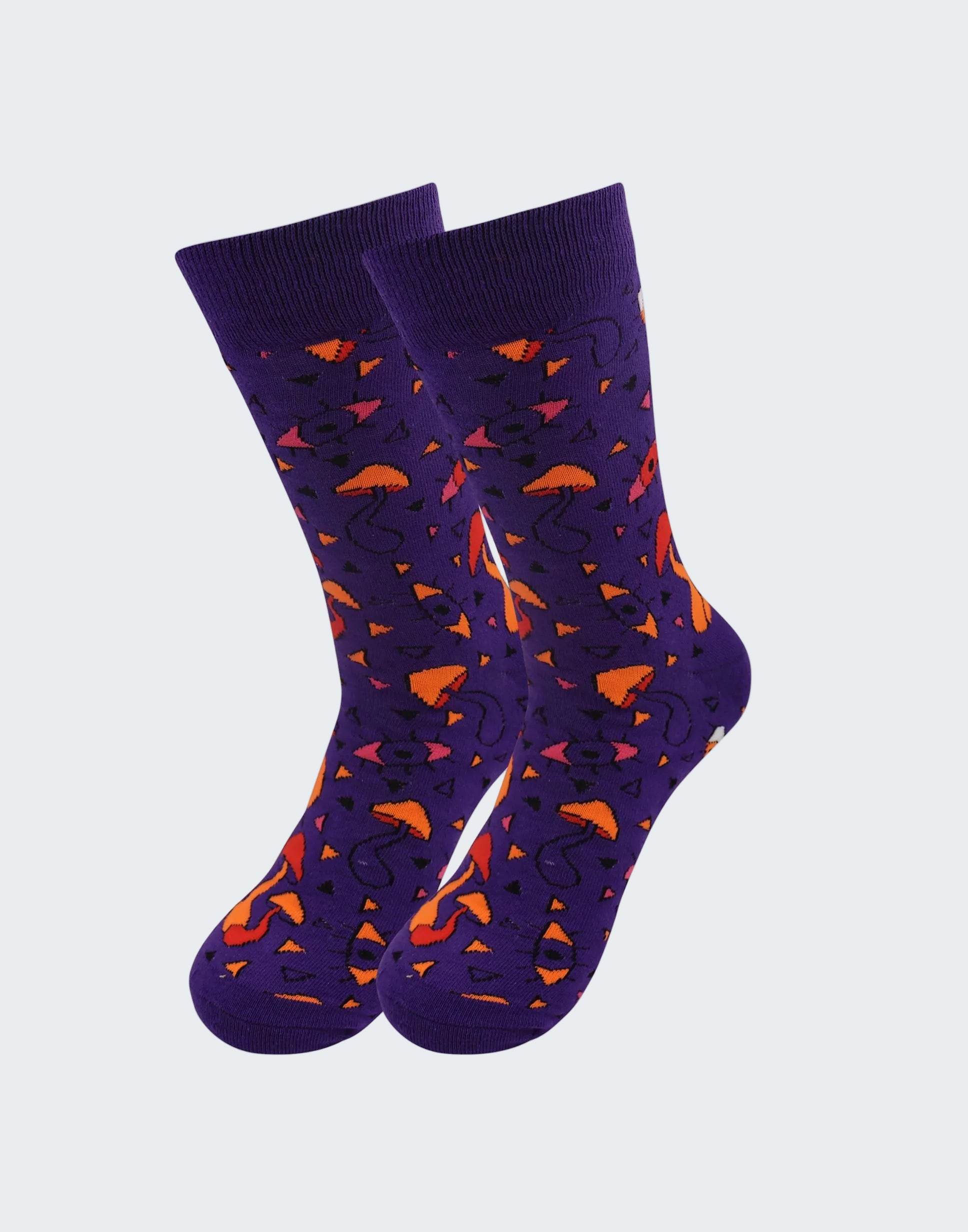 Pair of purple socks with orange geometric patterns on a white background