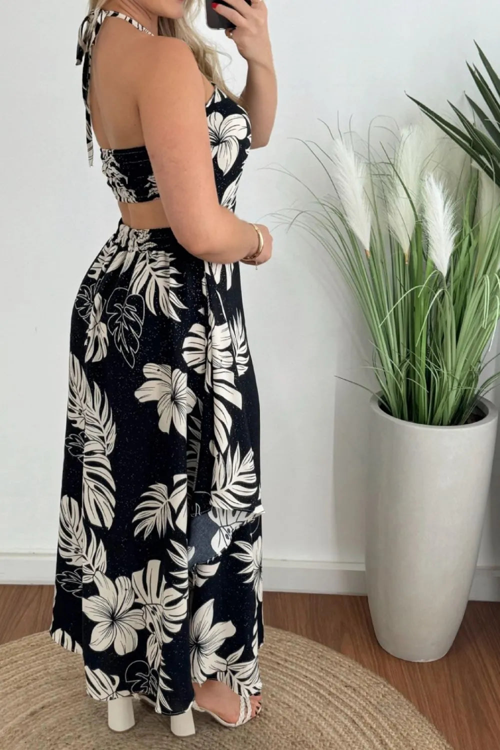 Smocked Printed Halter Neck Dress
