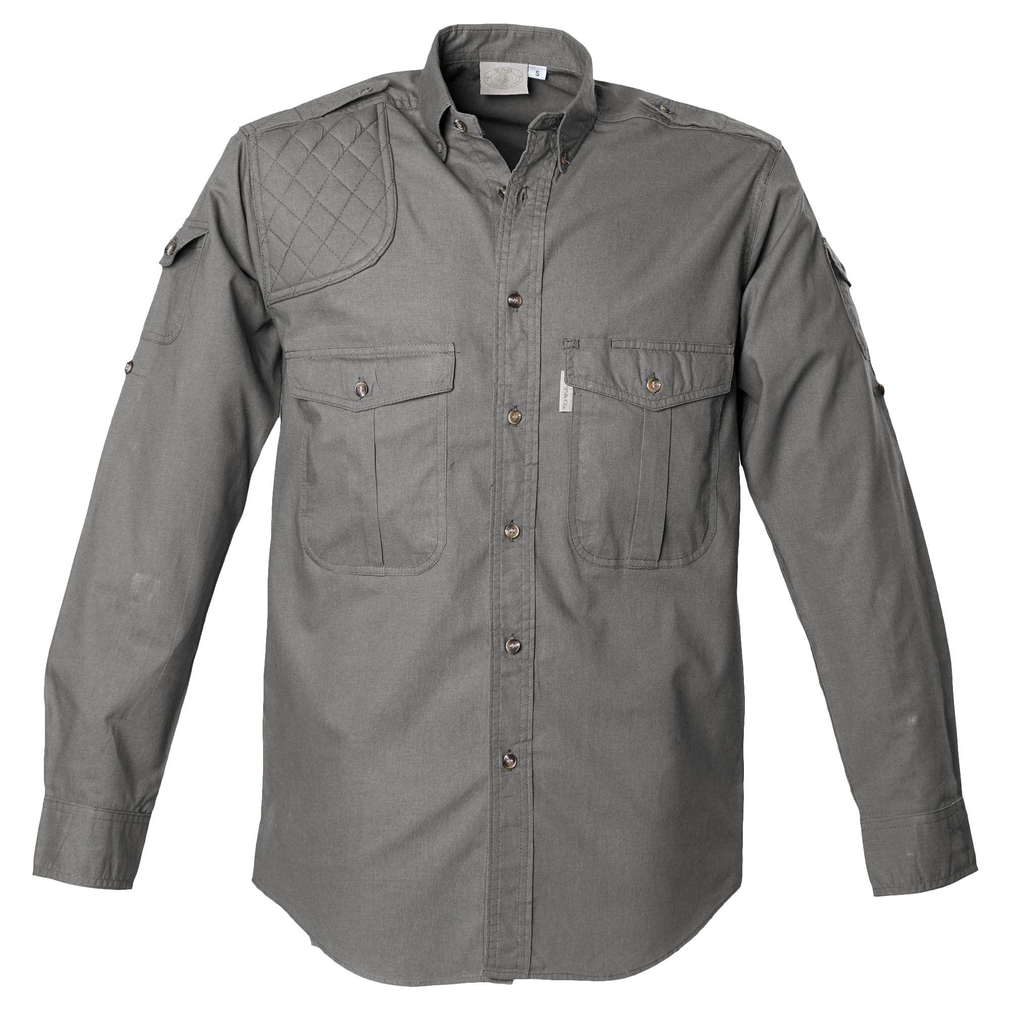 Gray shirt with quilted shoulder panel on a white background