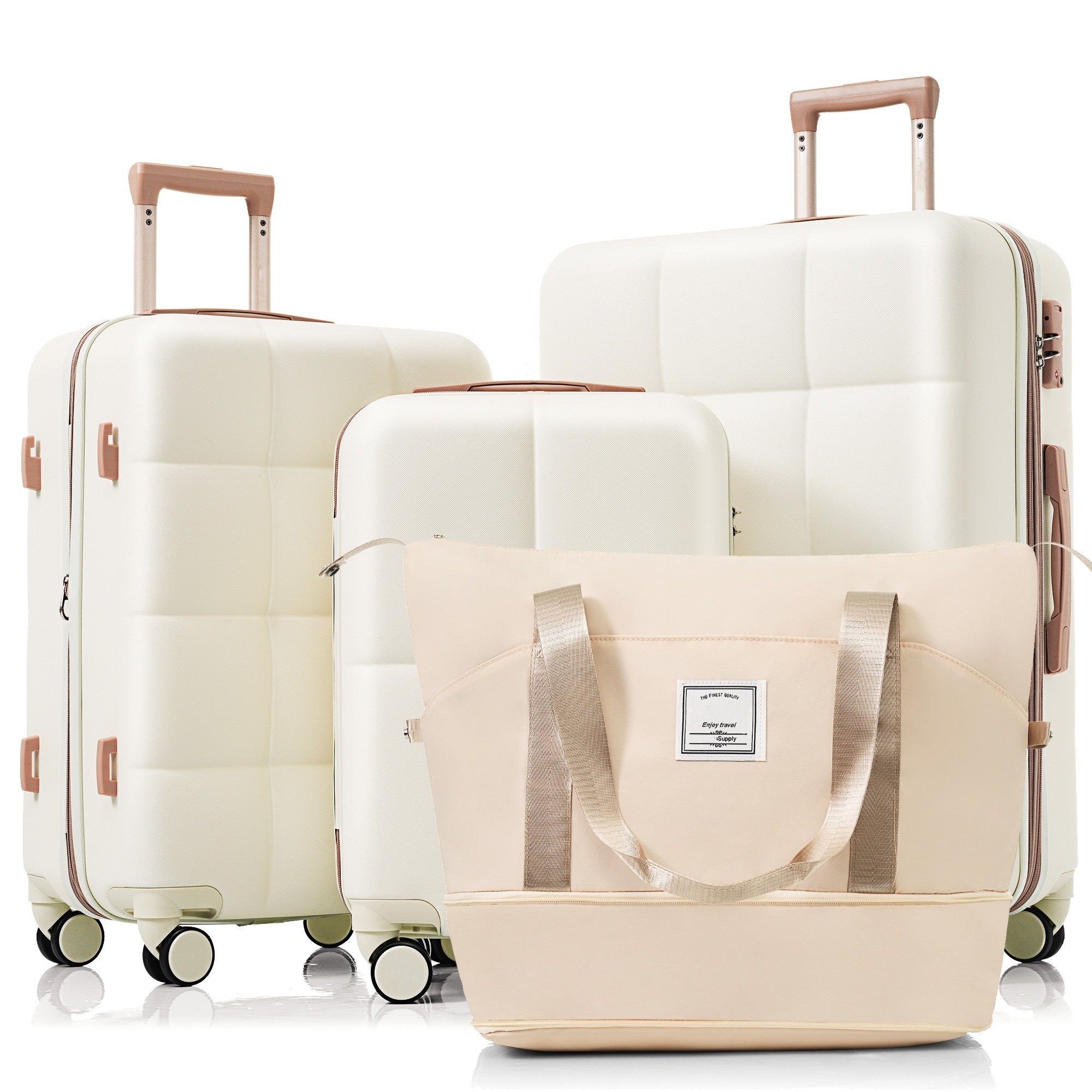 Expandable Four Piece Ivory ABS Durable Suitcase with Travel Bag