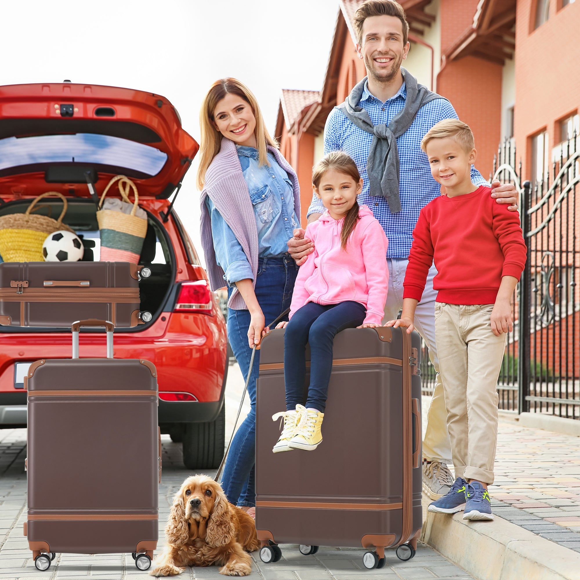 Brown Hardshell Luggage Set and Cosmetic Case Spinner Suitcase with TSA Lock 