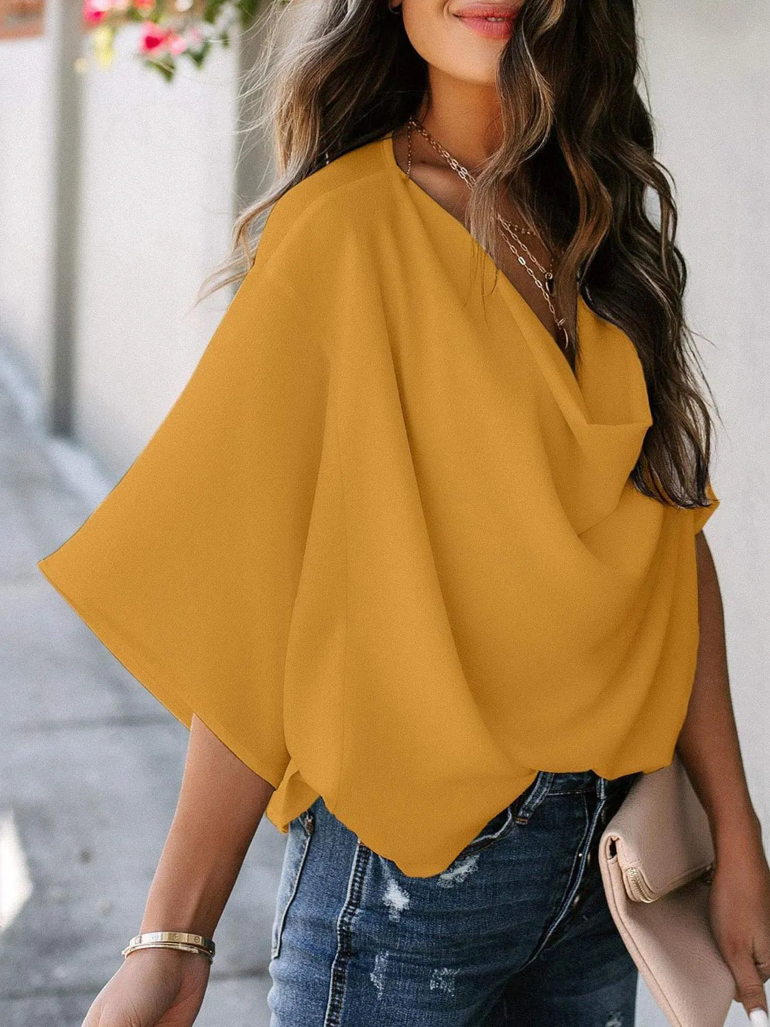 Full Size Ruched Three-Quarter Sleeve Blouse