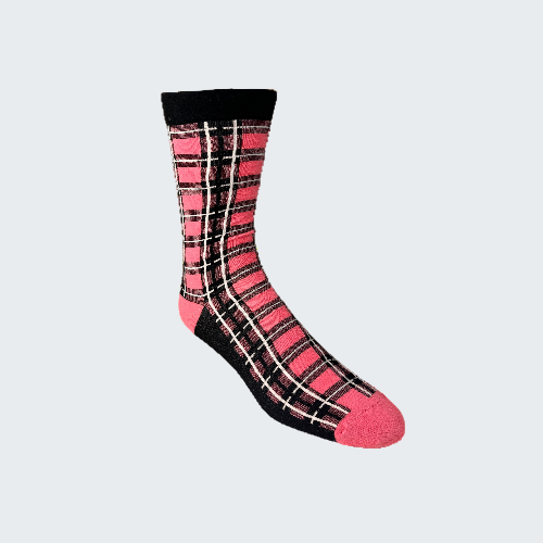 Plaid patterned sock with black, pink, and white colors on a white background