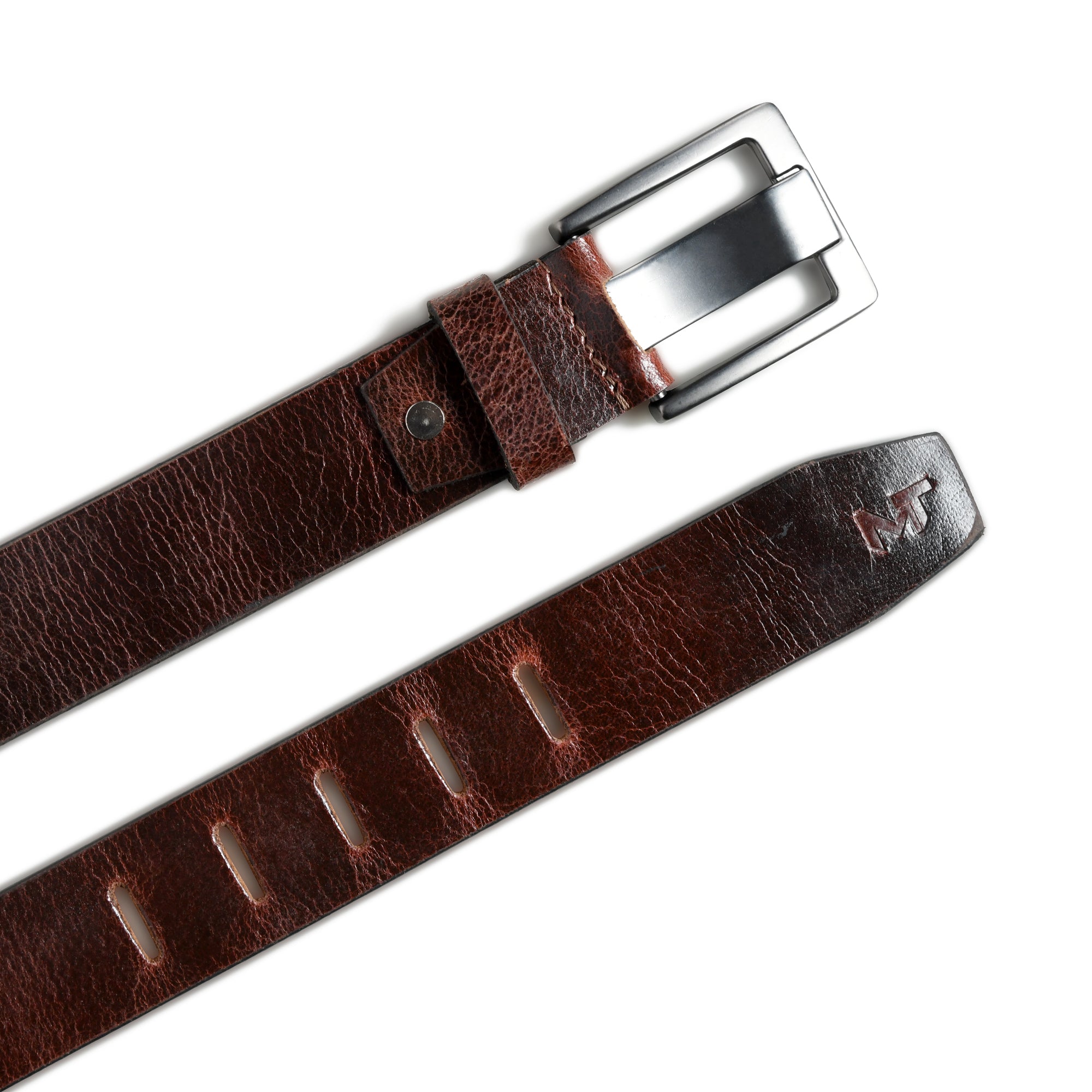 Brown leather belt with a silver buckle on a white background