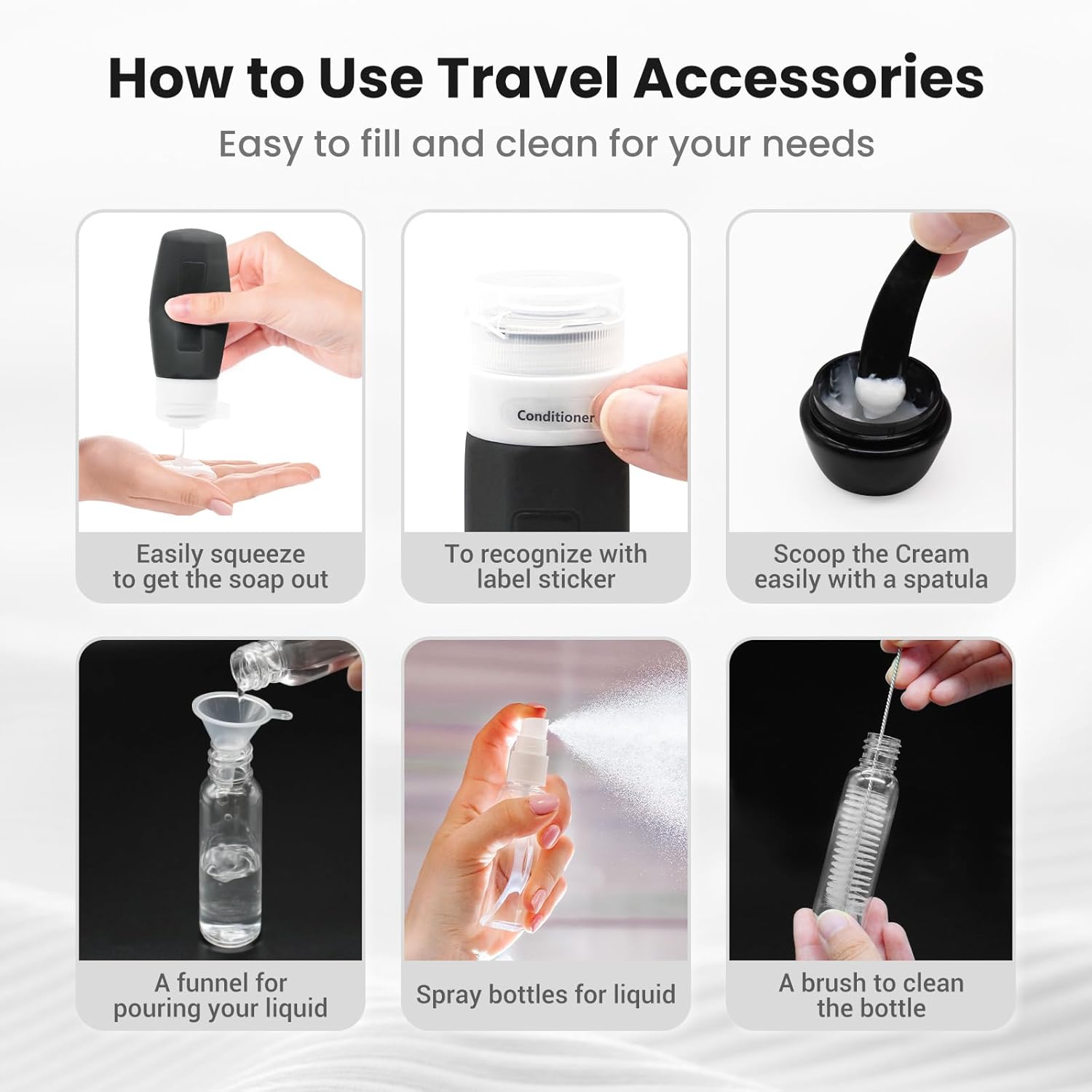 Instructions on how to use travel accessories for filling and cleaning bottles.