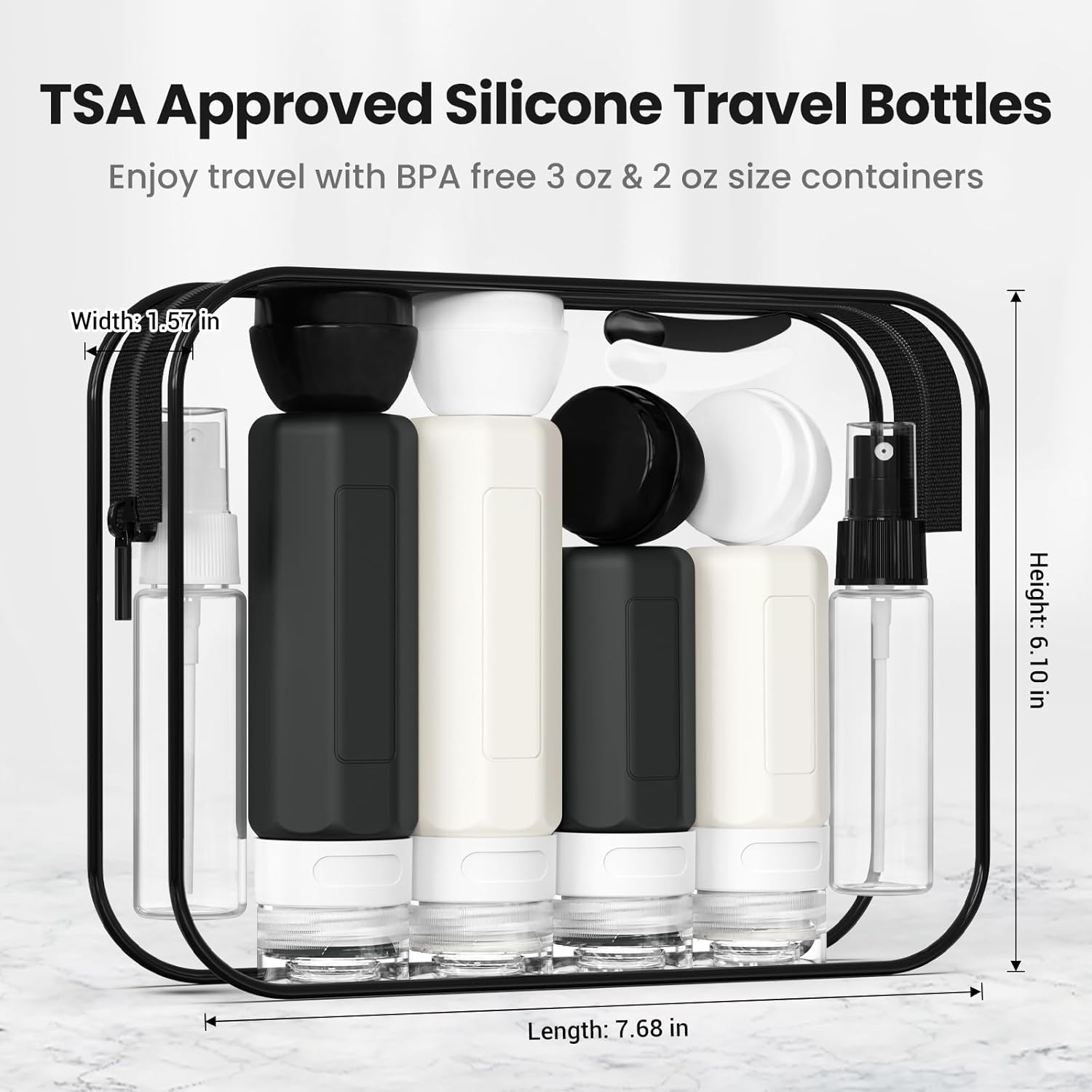 TSA Approved Silicone Travel Bottles with dimensions on a light gray background