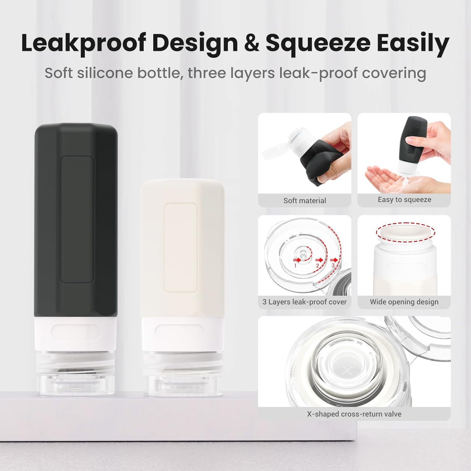 Black soft silicone bottle with text highlighting leakproof design and ease of use on a white background.