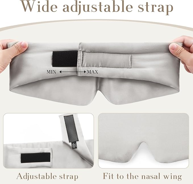 Gray eye mask with wide adjustable strap showing measurement labels and close-up of strap mechanism.
