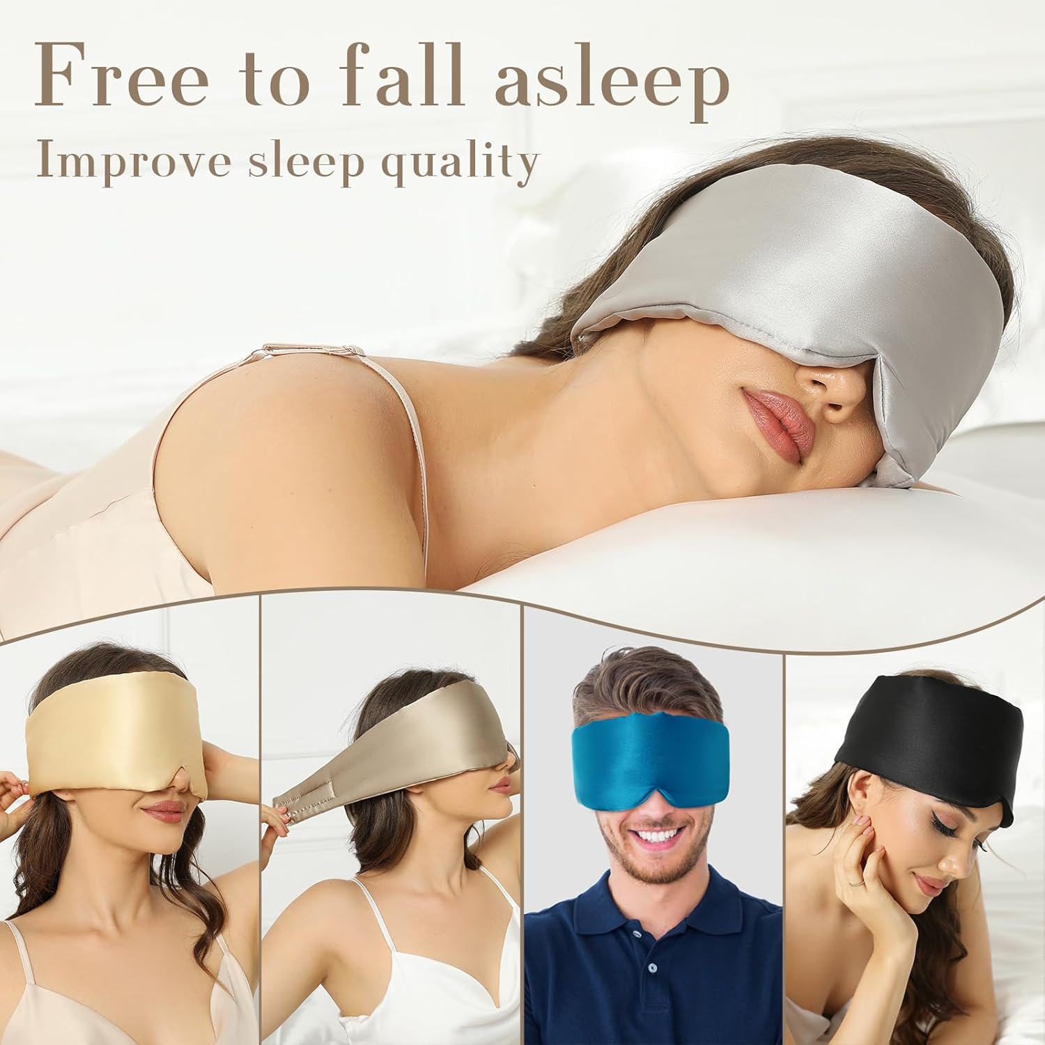 Woman wearing a silver sleep mask with text 'Free to fall asleep Improve sleep quality' on a white background.