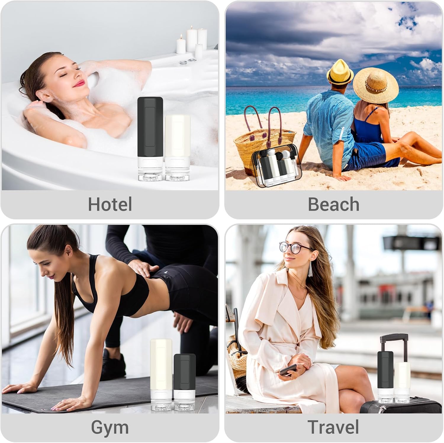 Collage of a portable water filter system in various settings: hotel, beach, gym, and travel.