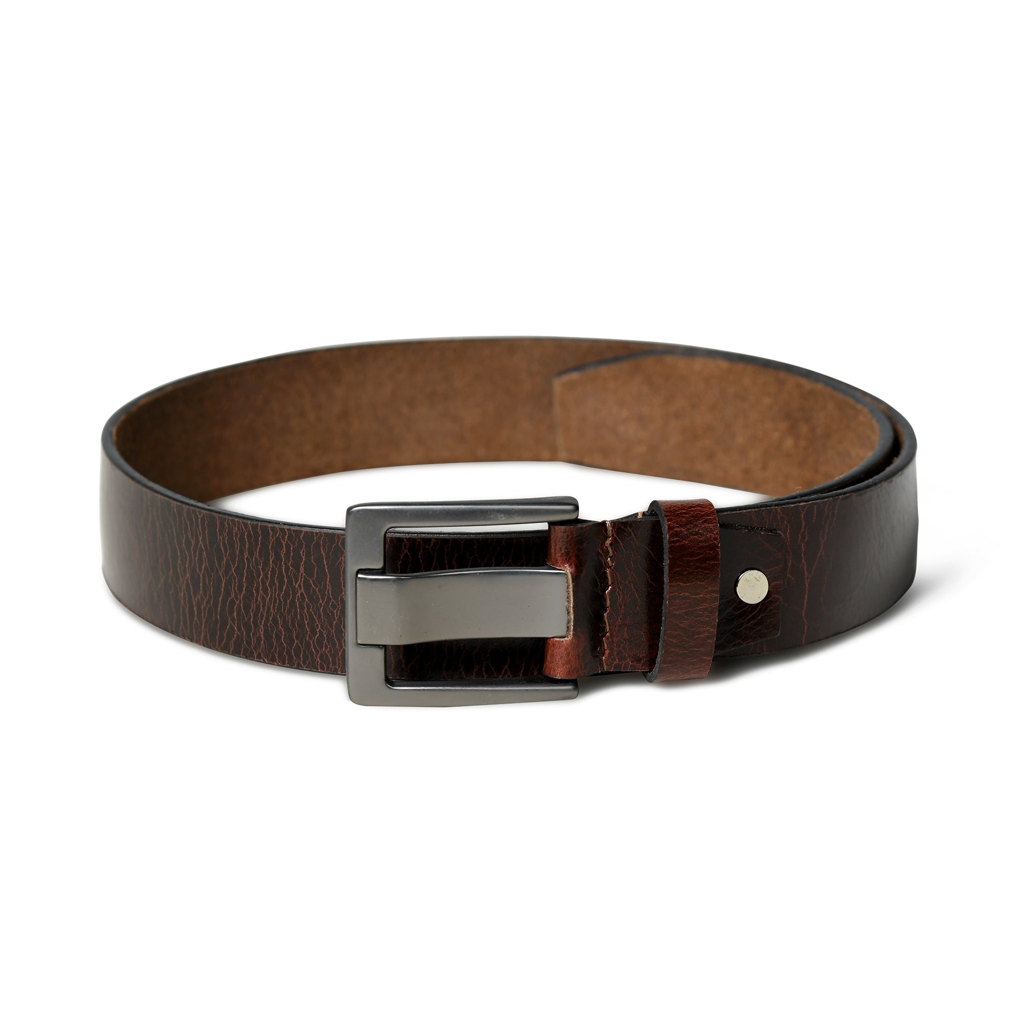 Brown leather belt with a silver buckle on a white background