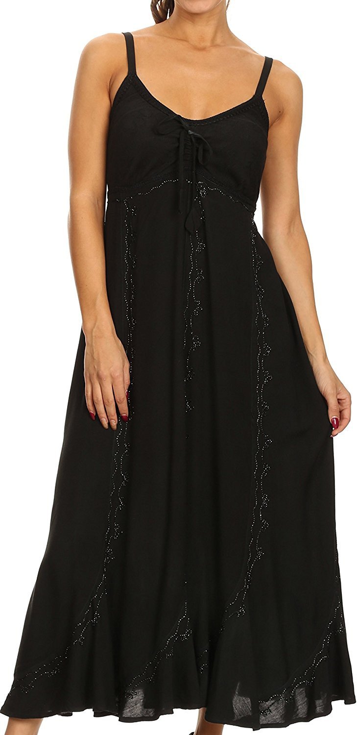Sakkas - Allie Stonewashed Embroidered Adjustable Spaghetti Straps Long Dress