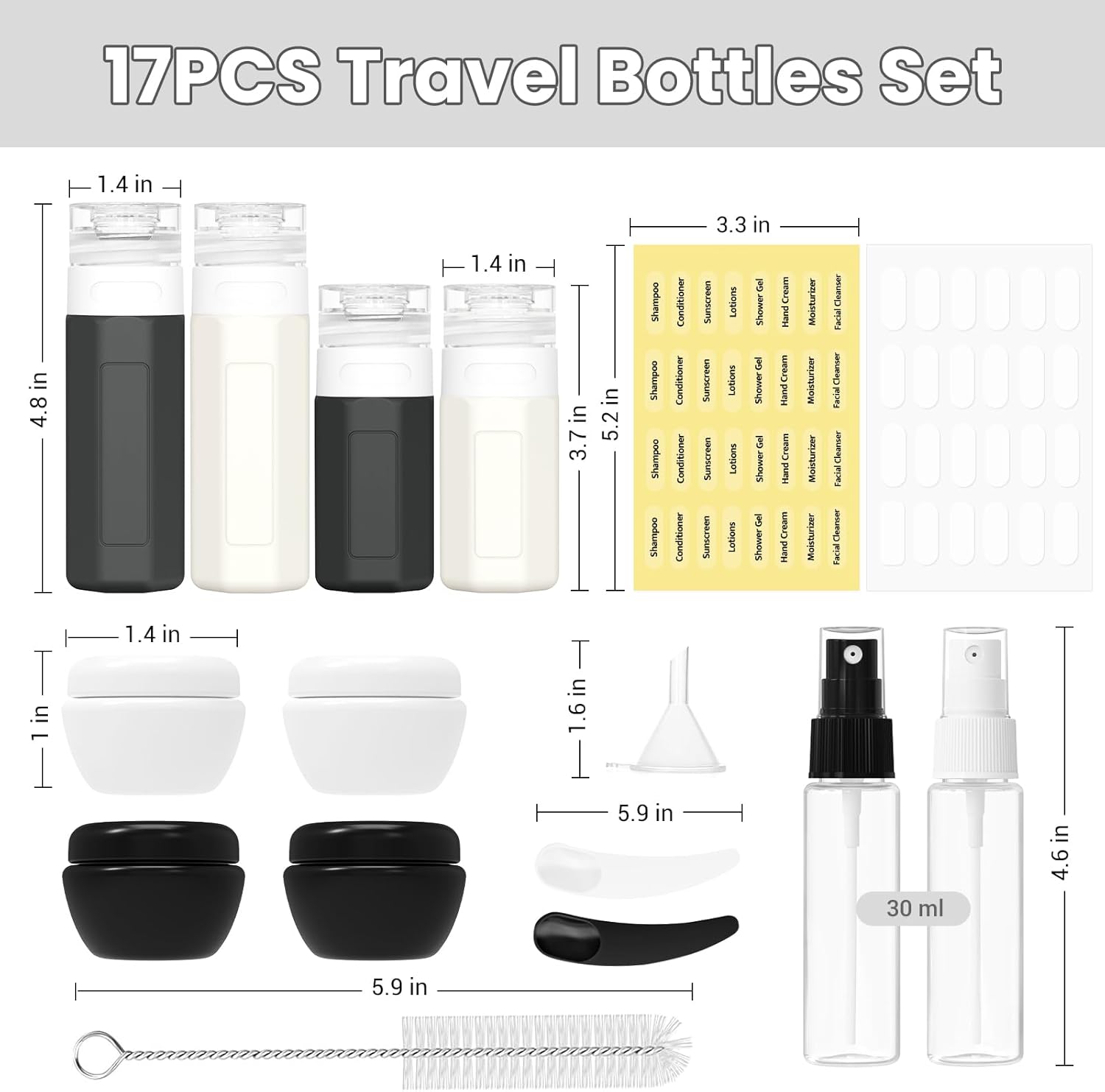 17-piece travel bottles set with dimensions and accessories on a white background