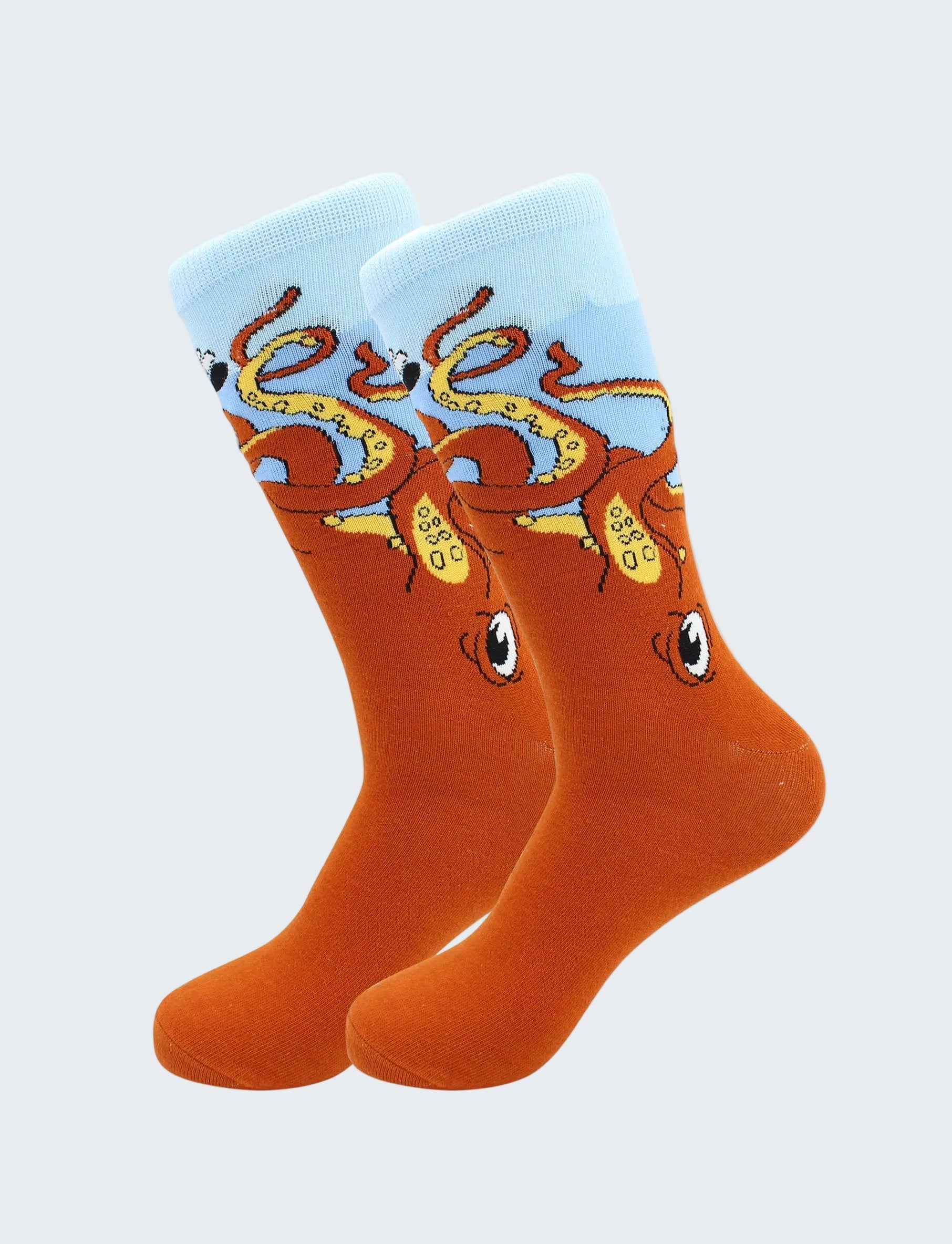 Pair of socks with cartoon octopus design on a white background